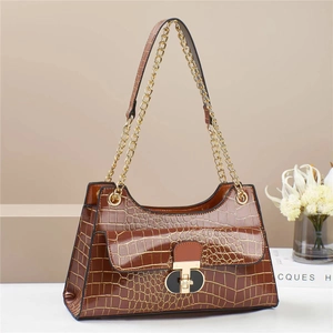 Brown crocodile pattern handbag with gold chain strap and elegant metallic buckle