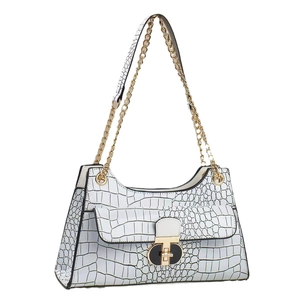 White stone pattern handbag with gold metal twist lock and elegant chain shoulder strap