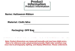Detailed product specifications chart for Halloween spider print wired edge ribbon material