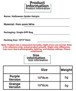 Detailed size chart for Halloween spider hair clips showing pompom material and dimensions
