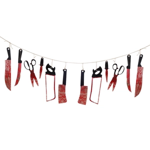 Halloween bloody weapon banner with realistic knife, scissor and saw pendants for parties