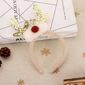 Christmas reindeer antler headband with gold glitter, red plush nose, and festive decor