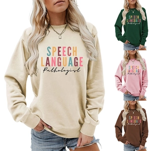 Detail showing SPEECH LANGUAGE Pathologist print on colorful long sleeve sweatshirts