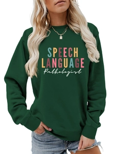 Detail of Speech Language Pathologist print on dark green crewneck sweatshirt fabric