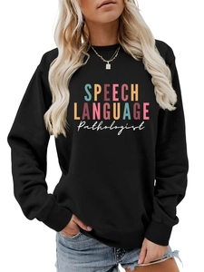 Detail of SPEECH LANGUAGE Pathologist print on black crewneck sweatshirt with ribbed cuffs