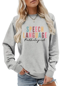 Detail of the SPEECH LANGUAGE Pathologist colorful printed graphic on a gray sweatshirt