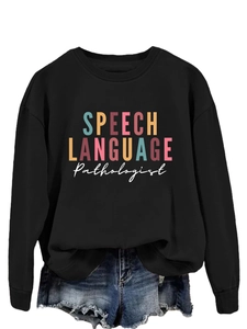 Flat lay of a black long sleeve sweatshirt with SPEECH LANGUAGE Pathologist print design