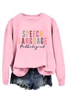 Detail view of pink sweatshirt featuring SPEECH LANGUAGE Pathologist print and ribbed cuffs