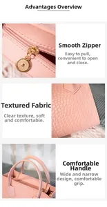 Detail of pink croc-embossed leather with gold zipper and comfortable handle grip