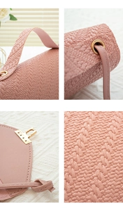 Detailed views of pink woven texture, golden hardware, and leather strap of the crossbody bag