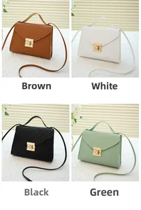Detail view of woven leather cross-body bags in brown, white, black, and green colors