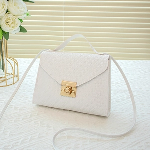 Minimalist white textured square shoulder bag with gold metal buckle and chain strap