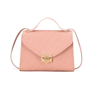 Pink woven texture shoulder bag with gold twist lock and top handle for women