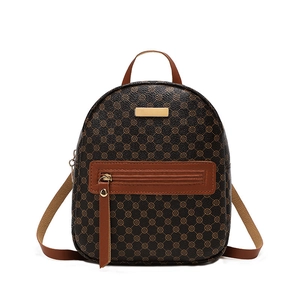 Mini floral print backpack in brown faux leather with elegant gold metal logo plate