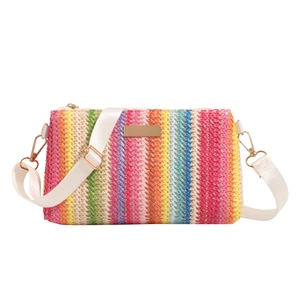 Rainbow striped woven crossbody bag with colorful straw texture and adjustable strap