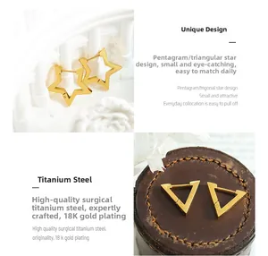 Detail of 18K gold plated titanium steel star and triangle geometric stud earrings