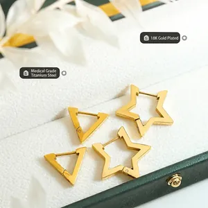 18K gold plated medical grade titanium steel geometric star and triangle hoop earrings