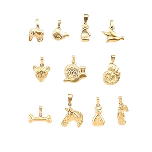 Collection of 11 vintage 18K gold plated stainless steel animal pendants on white background