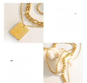 Close-up of triple-layered 18K gold-plated titanium necklace with an abstract pendant