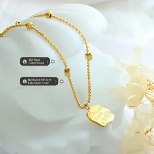 Irregular square pendant necklace with Good Luck engraving and smile face charms