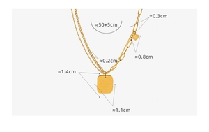 Detail view of double-layer gold necklace showing pendant size 1.4x1.1cm and chain length