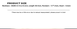 Size chart showing double-layer necklace chain width and heart pendant dimensions