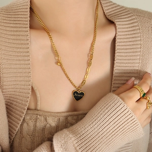 Heart Pendant Necklace Forever Inscribed Titanium Steel 18K Gold Plated Asymmetric Chain Jewelry For Women