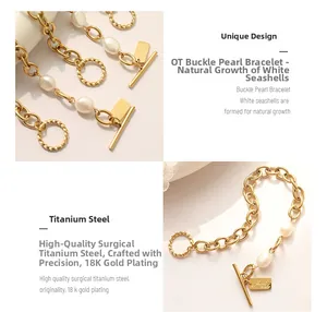 Detail of 18K gold-plated titanium bracelet with OT clasp and freshwater pearls