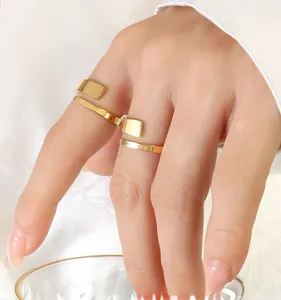 Close-up of a minimalist 18K gold plated geometric ring worn on a model's finger