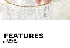 Detail shot of a clear hammered glass cup with a gold rim and elegant textured surface