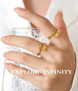Detail of 18K gold plated geometric ring shown with a minimalist rectangular flat design