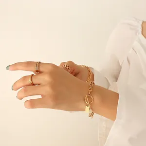 Stainless Steel Bracelet With Freshwater Pearl Chunky Chain OT Toggle Clasp Square Plate Handmade Jewelry For Women