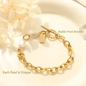 Gold OT buckle chain bracelet with freshwater pearls and handmade rectangle pendant