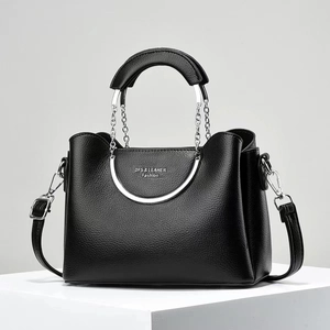 Women Litchi Pattern PU Leather Handbag Metal Ring Handle Crossbody Bag Minimalist Shoulder Tote Commuter Bag Fashion Accessory
