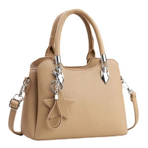 Fashionable khaki bucket bag in litchi grain leather with star pendant and shoulder strap