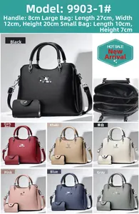 Detailed view of women's tote set with inner compartments and seven available color options