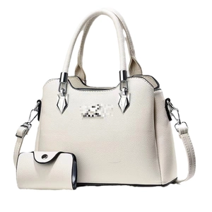 Chic beige textured faux leather handbag set with top handles and adjustable shoulder strap
