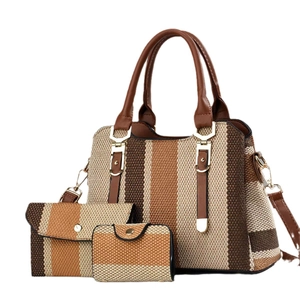Three-piece striped canvas tote bag set with matching wallets and brown leather straps