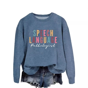 Blue-grey long sleeve sweatshirt with SPEECH LANGUAGE print and denim shorts set