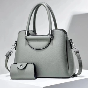 Grey-green pebbled leather handbag set with shoulder strap and matching wallet