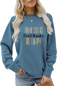 Detail of navy crewneck sweatshirt with Drink Coffee Read Books Be Happy artistic print