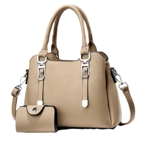 Ensemble sac à main cabas beige en cuir grainé avec petite pochette assortie et boucles