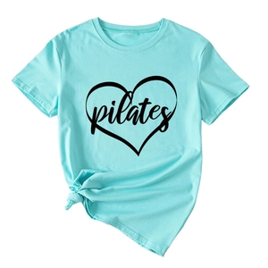 Detail of light blue Pilates heart print T-shirt with stylish front hem knot design