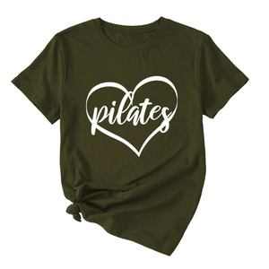 Detail view of olive green Pilates T-shirt with heart print and stylish front hem knot