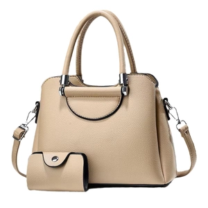 Fashion beige litchi leather tote bag and wallet set with adjustable shoulder strap
