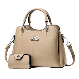 Beige faux leather tote bag set with matching coin purse and adjustable shoulder strap