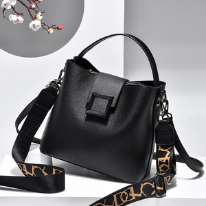 Women Bucket Bag PU Leather Litchi Texture Square Buckle Wide Printed Strap Crossbody Handbag Fashion Casual