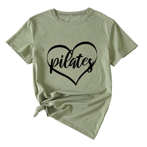 Women's sage green Pilates heart print short sleeve t-shirt with front knot detail