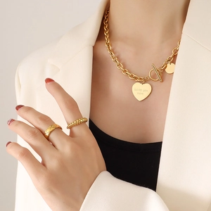 Collier Pendentif Coeur Grosse Chaîne Hip Hop Acier Titane Or Argent Fermoir à Bascule Love You More Bijoux Pour Femmes