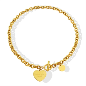 Collier chaîne en acier titane doré avec fermoir OT et pendentif en forme de cœur